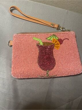 Pink Beaded Cocktail Wristlet Clutch with Tan Strap
